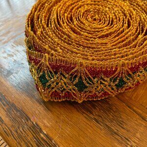 Vintage Woven Christmas Ribbon Garland Gold Red & Green 8 Yards Roll